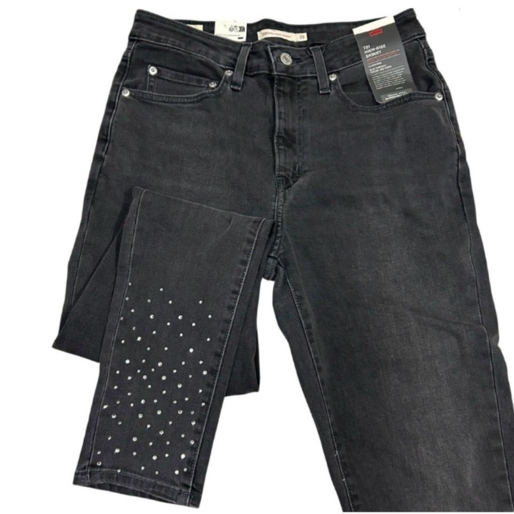 Levis 721 High Rise Black Skinny Jean Rhinestone Cuff Womens 28x28 (8/10) NWT